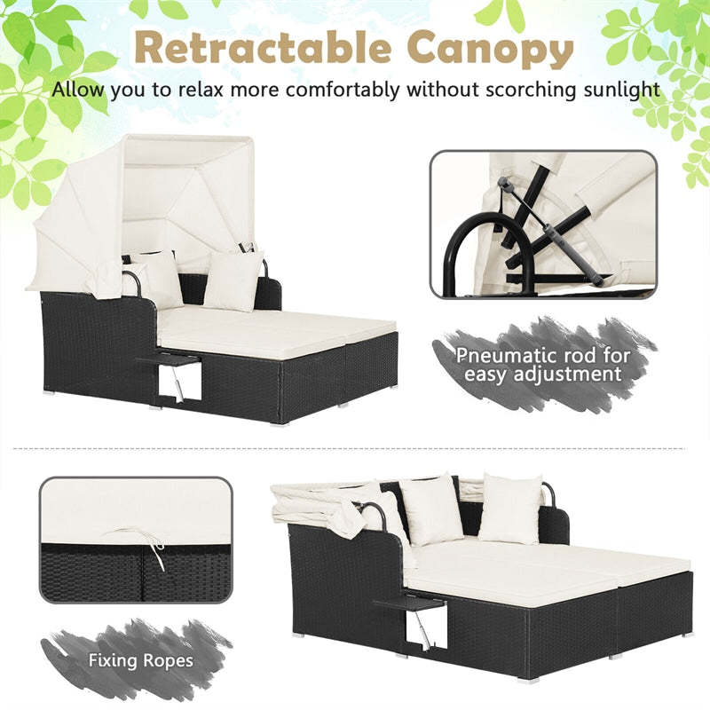 Outdoor Wicker Daybed, Hand-Woven Rattan Daybed with Retractable Canopy, 2 Side Tables, Soft Cushions, Chaise Loveseat for Garden Backyard