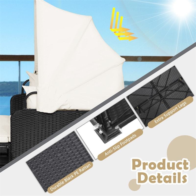 Outdoor Wicker Daybed, Hand-Woven Rattan Daybed with Retractable Canopy, 2 Side Tables, Soft Cushions, Chaise Loveseat for Garden Backyard