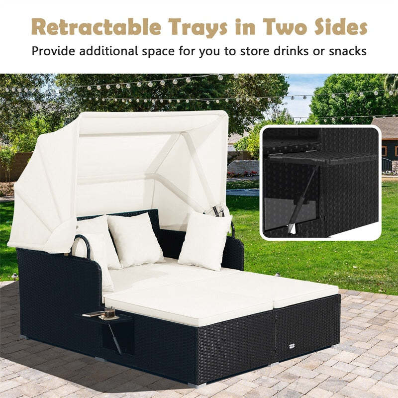 Outdoor Wicker Daybed, Hand-Woven Rattan Daybed with Retractable Canopy, 2 Side Tables, Soft Cushions, Chaise Loveseat for Garden Backyard