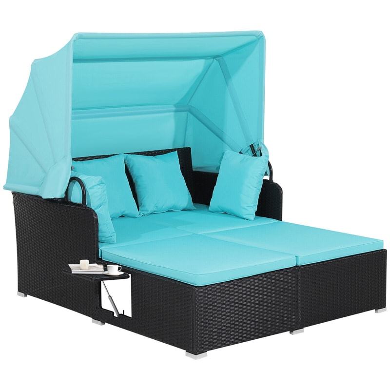 Outdoor Wicker Daybed, Hand-Woven Rattan Daybed with Retractable Canopy, 2 Side Tables, Soft Cushions, Chaise Loveseat for Garden Backyard