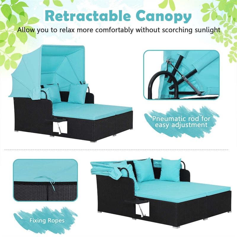 Outdoor Wicker Daybed, Hand-Woven Rattan Daybed with Retractable Canopy, 2 Side Tables, Soft Cushions, Chaise Loveseat for Garden Backyard