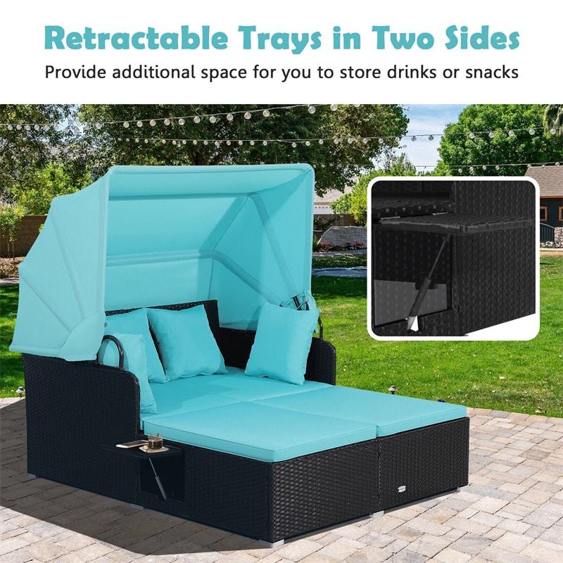 Outdoor Wicker Daybed, Hand-Woven Rattan Daybed with Retractable Canopy, 2 Side Tables, Soft Cushions, Chaise Loveseat for Garden Backyard