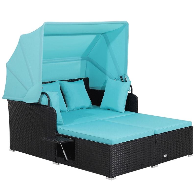 Outdoor Wicker Daybed, Hand-Woven Rattan Daybed with Retractable Canopy, 2 Side Tables, Soft Cushions, Chaise Loveseat for Garden Backyard