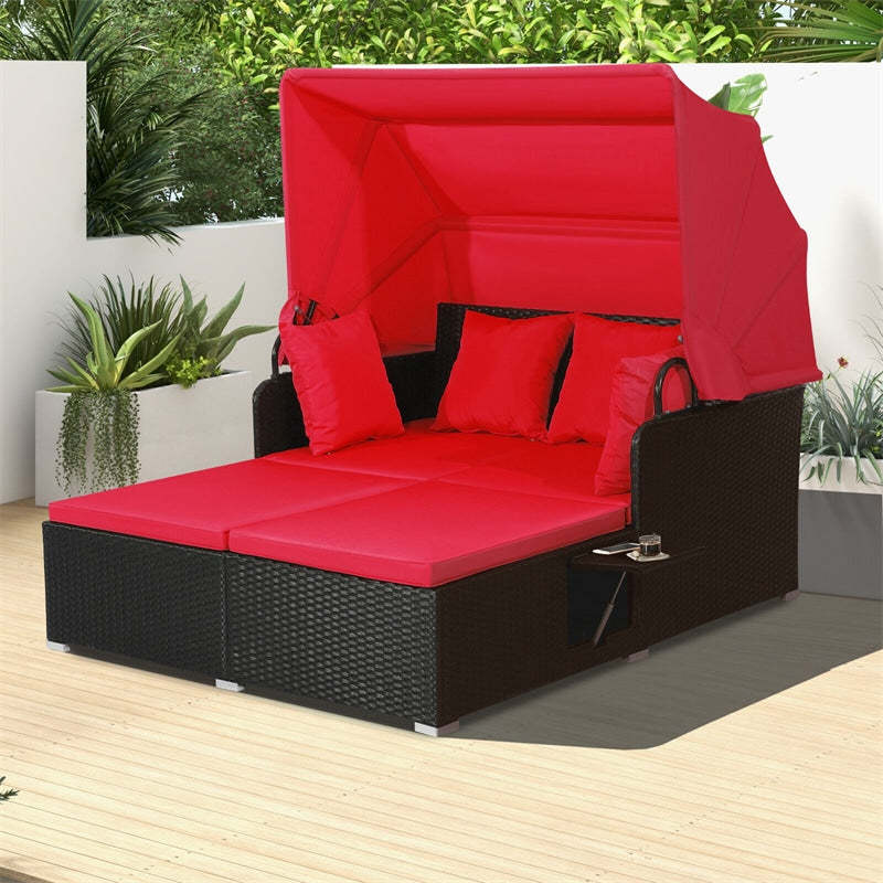 Outdoor Wicker Daybed, Hand-Woven Rattan Daybed with Retractable Canopy, 2 Side Tables, Soft Cushions, Chaise Loveseat for Garden Backyard