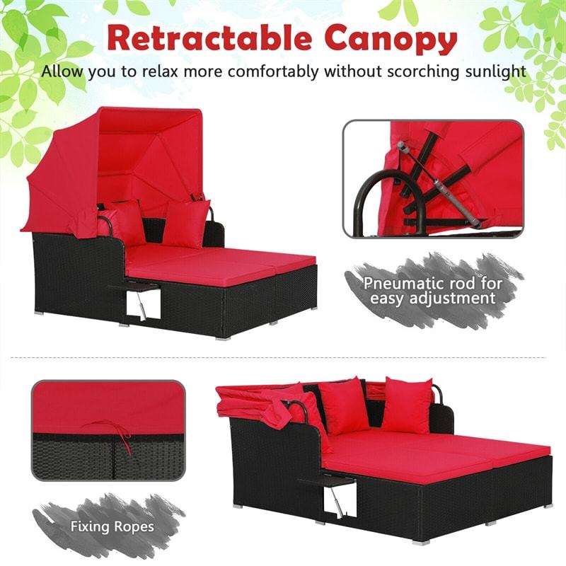 Outdoor Wicker Daybed, Hand-Woven Rattan Daybed with Retractable Canopy, 2 Side Tables, Soft Cushions, Chaise Loveseat for Garden Backyard