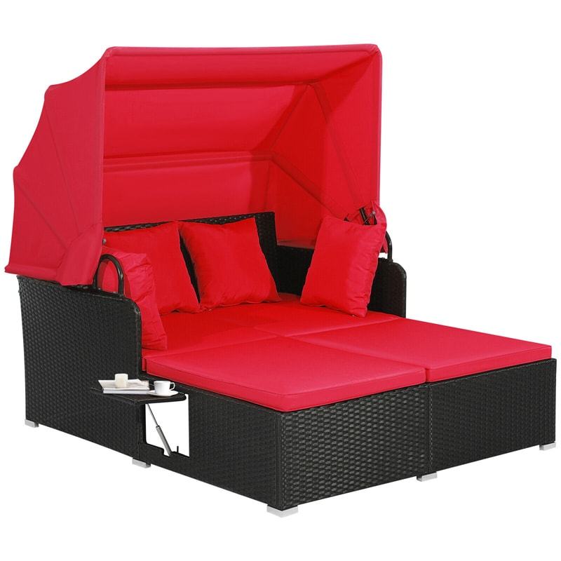 Outdoor Wicker Daybed, Hand-Woven Rattan Daybed with Retractable Canopy, 2 Side Tables, Soft Cushions, Chaise Loveseat for Garden Backyard