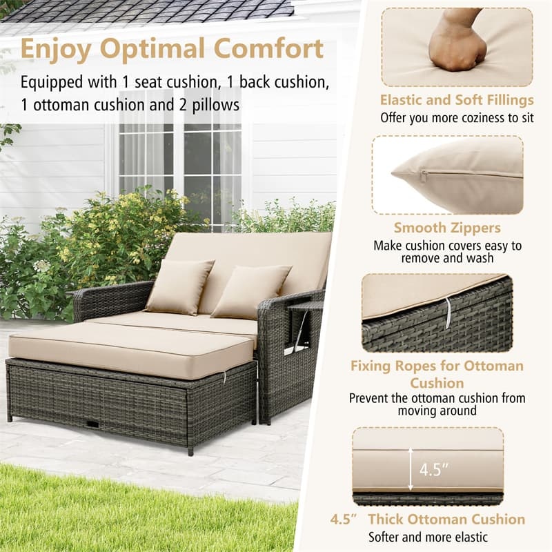 Patio Rattan Daybed Set Wicker Loveseat Sofa with Multipurpose Storage Ottoman, Seat & Back Cushions, Retractable Side Tray, Adjustable Backrest