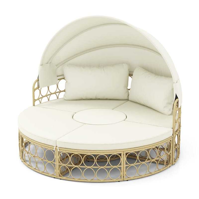 Outdoor Patio Round Daybed with Retractable Canopy, PE Rattan Wicker Sectional Seating Furniture with Soft Cushions & Pillows for Garden Yard