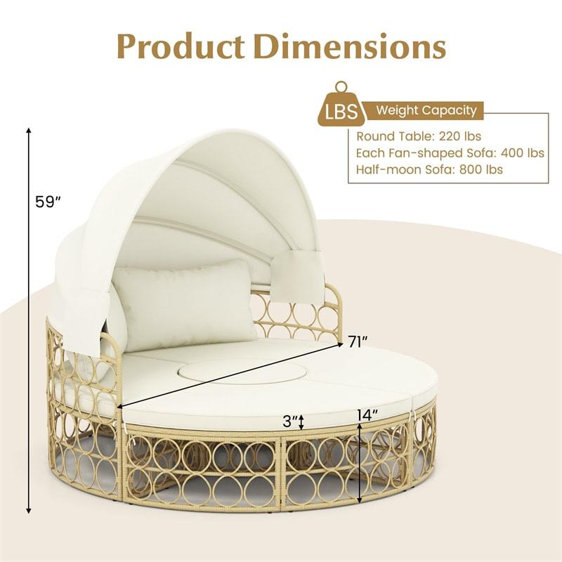 Outdoor Patio Round Daybed with Retractable Canopy, PE Rattan Wicker Sectional Seating Furniture with Soft Cushions & Pillows for Garden Yard