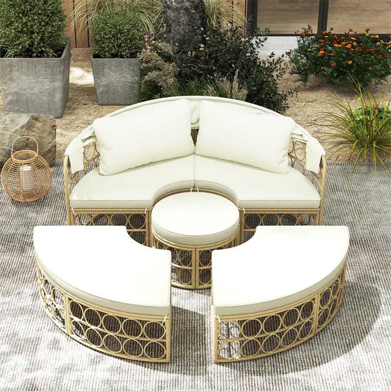 Outdoor Patio Round Daybed with Retractable Canopy, PE Rattan Wicker Sectional Seating Furniture with Soft Cushions & Pillows for Garden Yard