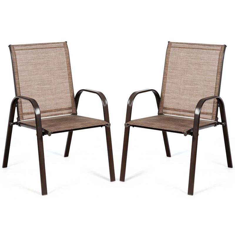 2PCS Steel Frame Sling Patio Chairs, High Back Outdoor Dining Chairs with Armrests & Breathable Quick-Drying Fabric for Backyard, Garden, Deck