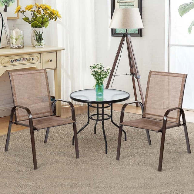 2PCS Steel Frame Sling Patio Chairs, High Back Outdoor Dining Chairs with Armrests & Breathable Quick-Drying Fabric for Backyard, Garden, Deck