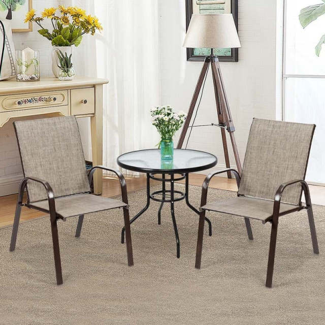 2PCS Steel Frame Sling Patio Chairs, High Back Outdoor Dining Chairs with Armrests & Breathable Quick-Drying Fabric for Backyard, Garden, Deck
