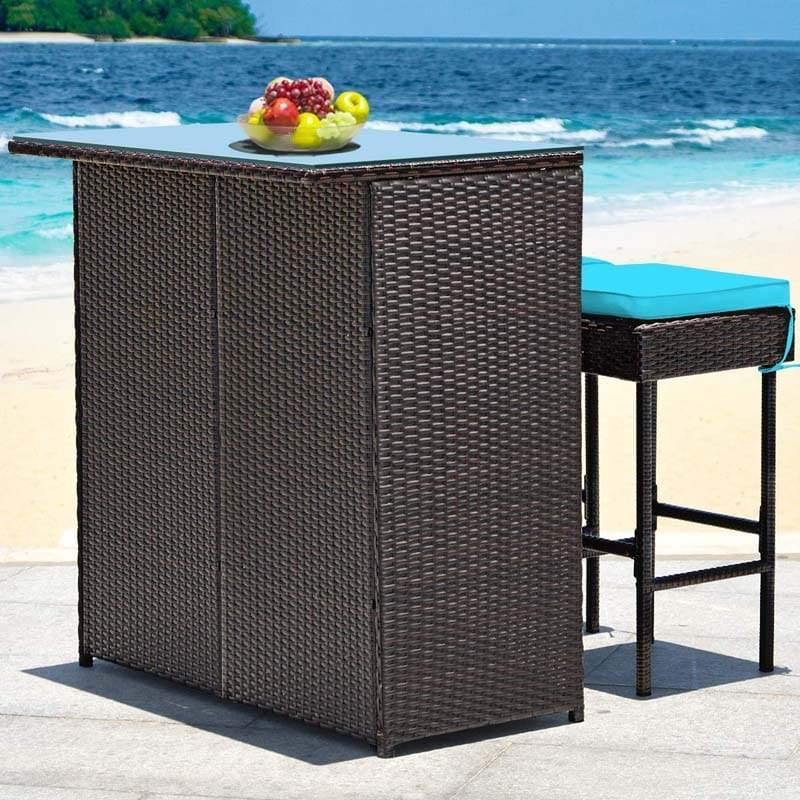 3-Piece Patio Rattan Wicker Bar Table Stool Set with Seat Cushions & Glass Top Table