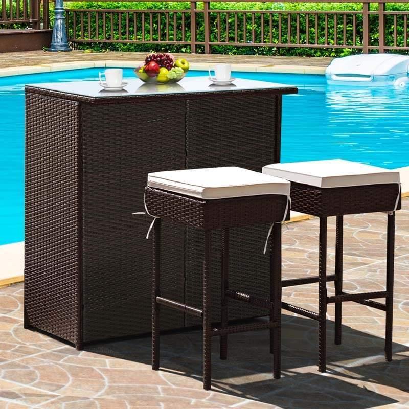 3-Piece Patio Rattan Wicker Bar Table Stool Set with Seat Cushions & Glass Top Table