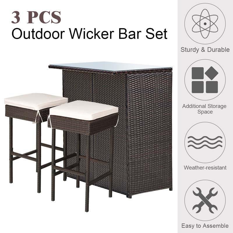 3-Piece Patio Rattan Wicker Bar Table Stool Set with Seat Cushions & Glass Top Table