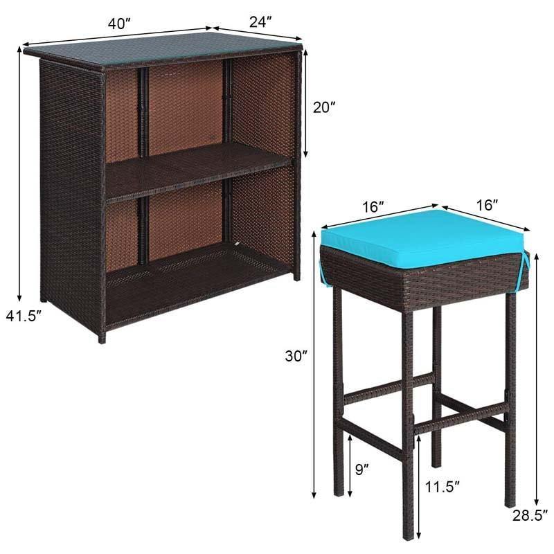 3-Piece Patio Rattan Wicker Bar Table Stool Set with Seat Cushions & Glass Top Table