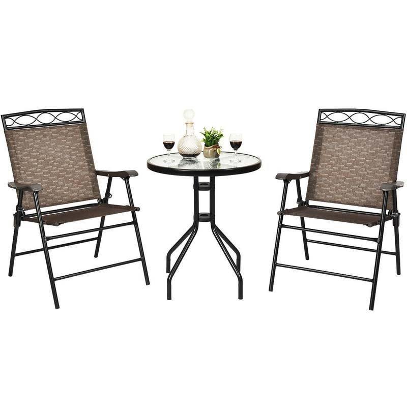 3 Piece Patio Bistro Set Outdoor Pub Dining Set Round Glass Table with 2 Folding Sling Chairs