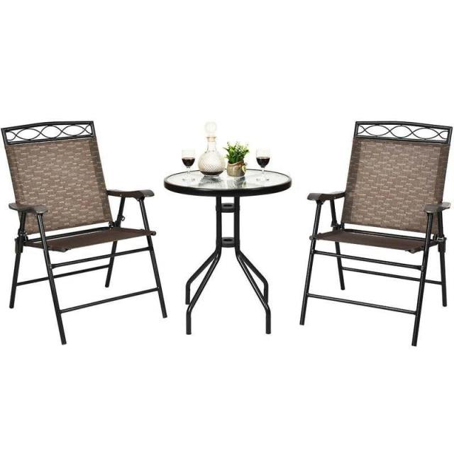 3 Piece Patio Bistro Set Outdoor Pub Dining Set Round Glass Table with 2 Folding Sling Chairs