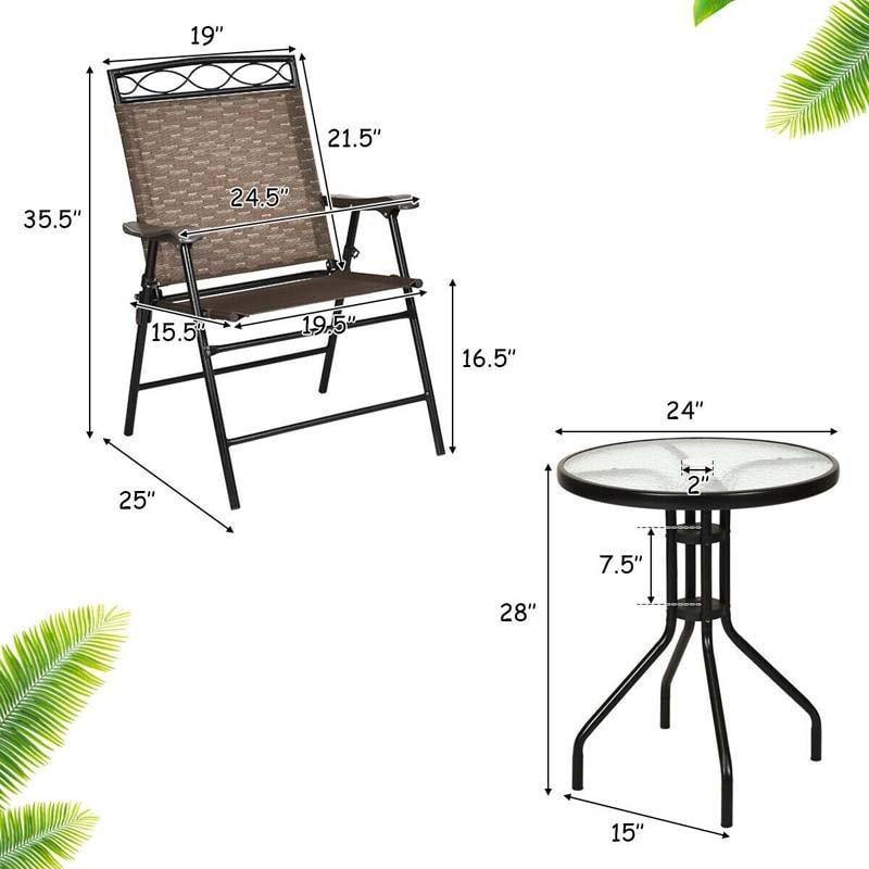 3 Piece Patio Bistro Set Outdoor Pub Dining Set Round Glass Table with 2 Folding Sling Chairs