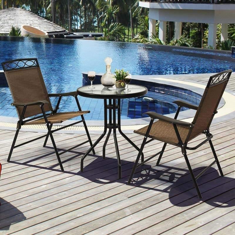 3 Piece Patio Bistro Set Outdoor Pub Dining Set Round Glass Table with 2 Folding Sling Chairs