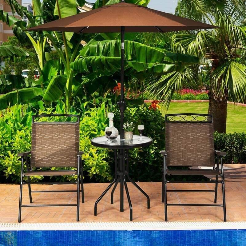 3 Piece Patio Bistro Set Outdoor Pub Dining Set Round Glass Table with 2 Folding Sling Chairs