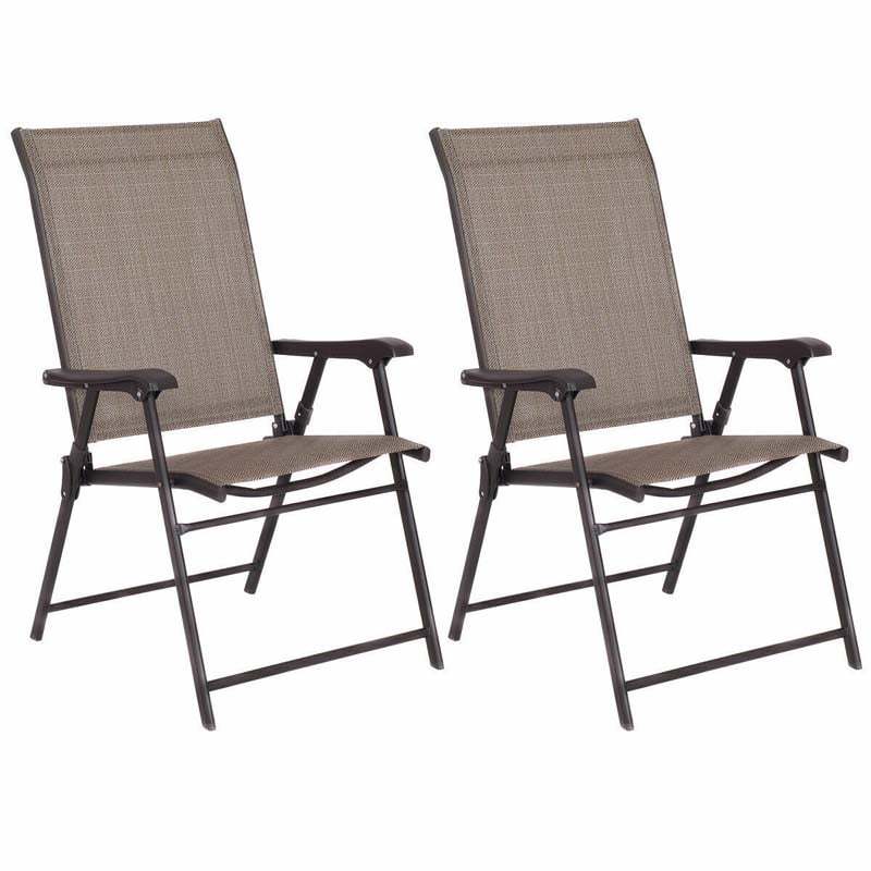 2 Pieces Patio Chairs Folding Sling Chairs Portable Lawn Chair with Armrest