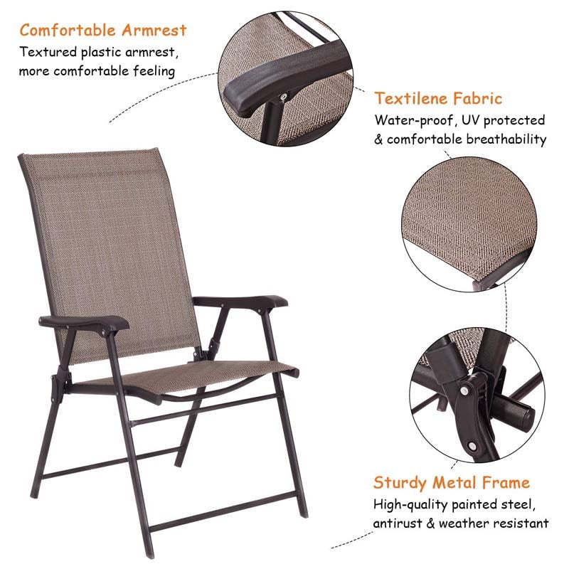 2 Pieces Patio Chairs Folding Sling Chairs Portable Lawn Chair with Armrest