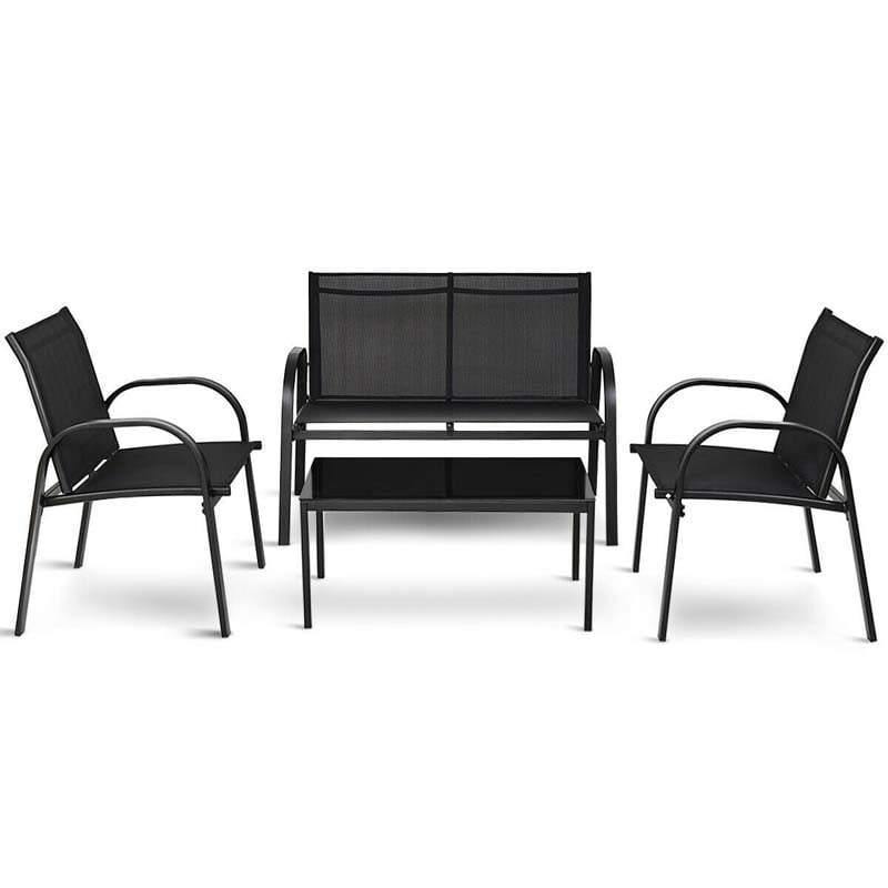 4 Pcs Patio Furniture Set Loveseat Sofa Table Steel Frame Garden Deck Conversation Set with Glass Top Coffee Table