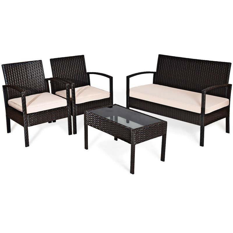 4PCS Patio Furniture Set Rattan Wicker Conversation Set with Coffee Table & Cushions