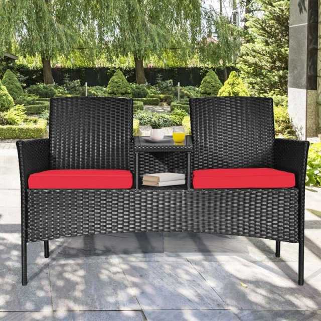 Modern Rattan 2-Seater Patio Furniture Set with Built-in Tempered Glass Table & Removable Cushions, Outdoor Furniture for Backyard, Garden