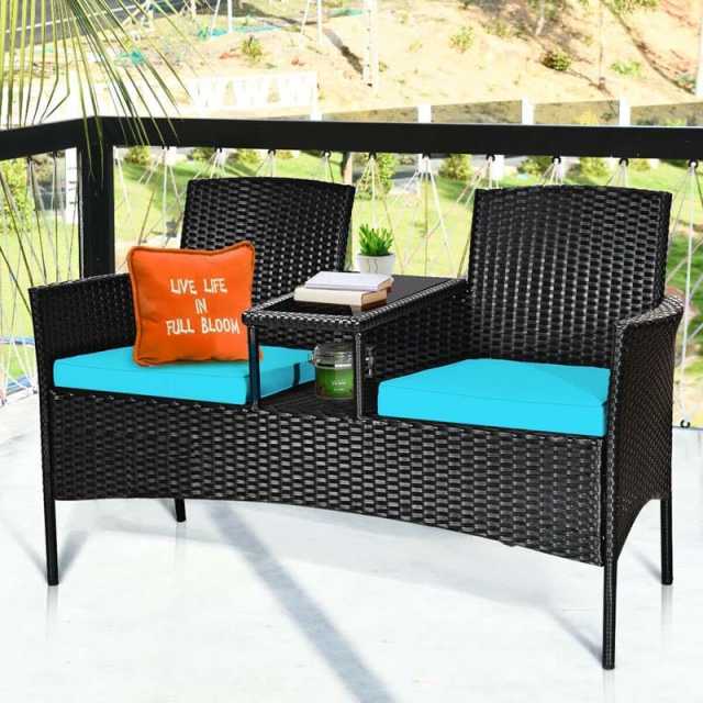 Modern Rattan 2-Seater Patio Furniture Set with Built-in Tempered Glass Table & Removable Cushions, Outdoor Furniture for Backyard, Garden