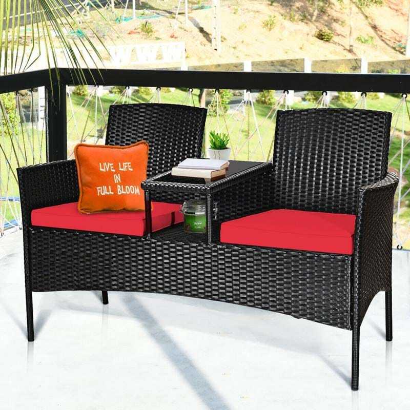 Modern Rattan 2-Seater Patio Furniture Set with Built-in Tempered Glass Table & Removable Cushions, Outdoor Furniture for Backyard, Garden