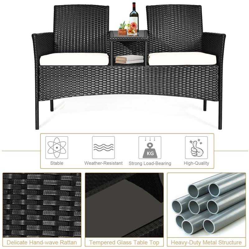 Modern Rattan 2-Seater Patio Furniture Set with Built-in Tempered Glass Table & Removable Cushions, Outdoor Furniture for Backyard, Garden