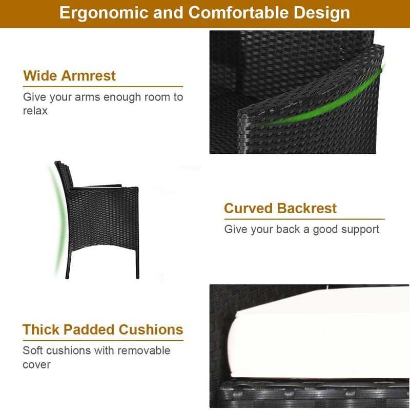 Modern Rattan 2-Seater Patio Furniture Set with Built-in Tempered Glass Table & Removable Cushions, Outdoor Furniture for Backyard, Garden