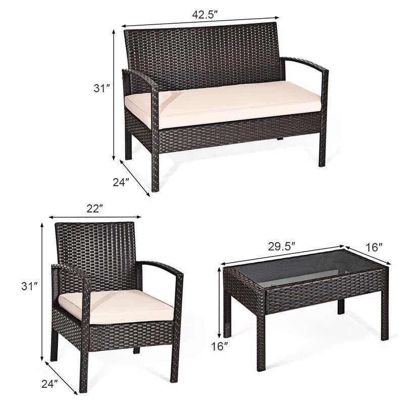 4PCS Patio Furniture Set Rattan Wicker Conversation Set with Coffee Table & Cushions