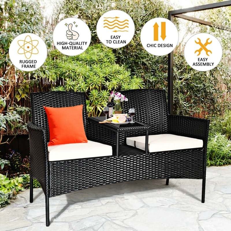 Modern Rattan 2-Seater Patio Furniture Set with Built-in Tempered Glass Table & Removable Cushions, Outdoor Furniture for Backyard, Garden