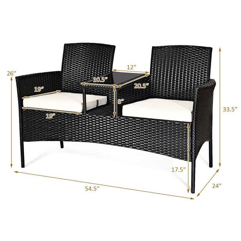Modern Rattan 2-Seater Patio Furniture Set with Built-in Tempered Glass Table & Removable Cushions, Outdoor Furniture for Backyard, Garden