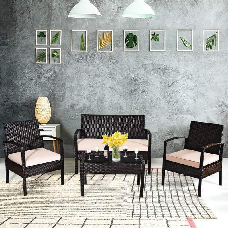 4PCS Patio Furniture Set Rattan Wicker Conversation Set with Coffee Table & Cushions