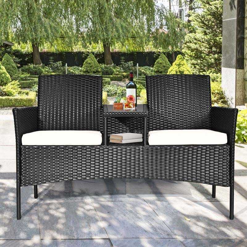 Modern Rattan 2-Seater Patio Furniture Set with Built-in Tempered Glass Table & Removable Cushions, Outdoor Furniture for Backyard, Garden