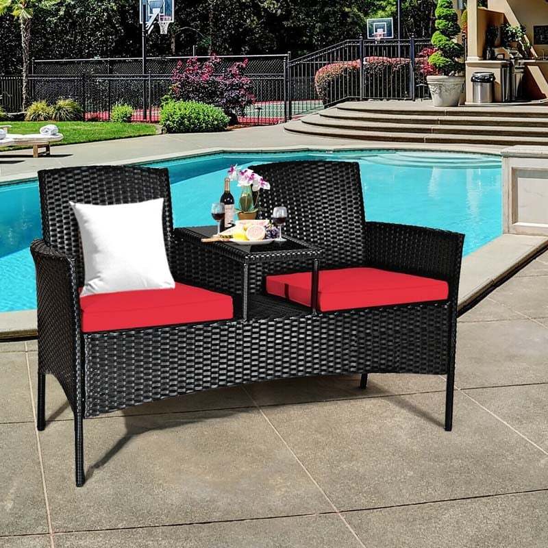 Modern Rattan 2-Seater Patio Furniture Set with Built-in Tempered Glass Table & Removable Cushions, Outdoor Furniture for Backyard, Garden