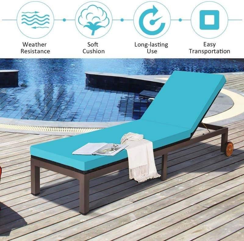 Rattan Outdoor Chaise Lounge Chair with Cushions, 7-Position Adjustable Backrest, Steel Frame Patio Sun Lounger for Poolside, Backyard