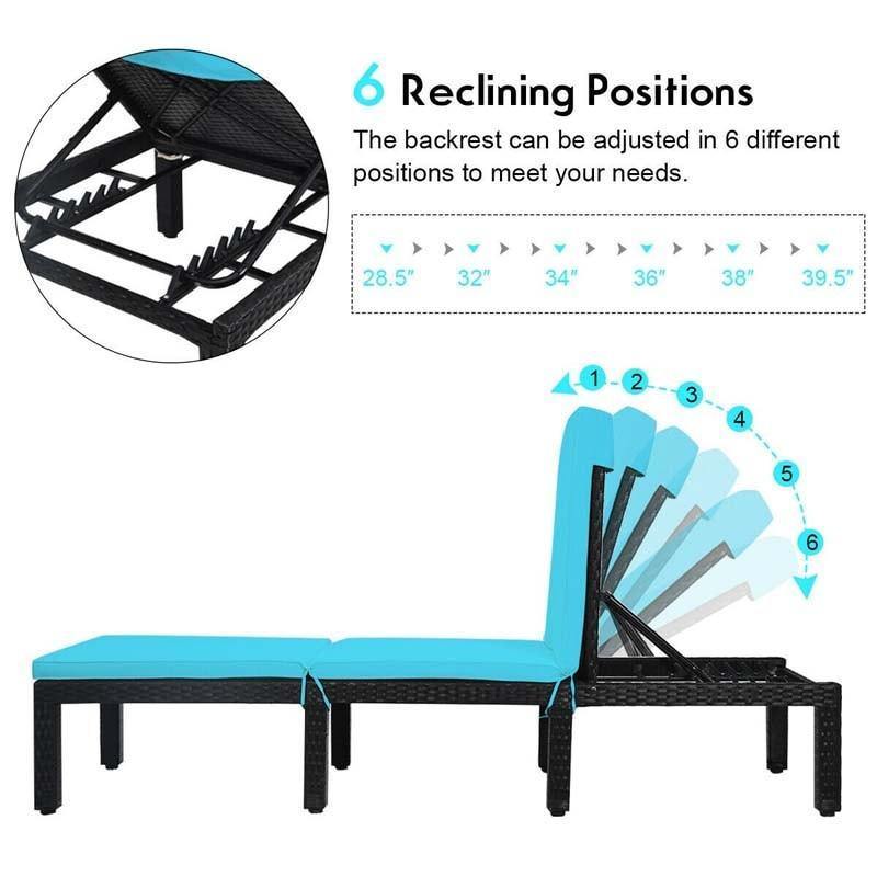 Rattan Outdoor Chaise Lounge Chair with Cushions, 7-Position Adjustable Backrest, Steel Frame Patio Sun Lounger for Poolside, Backyard