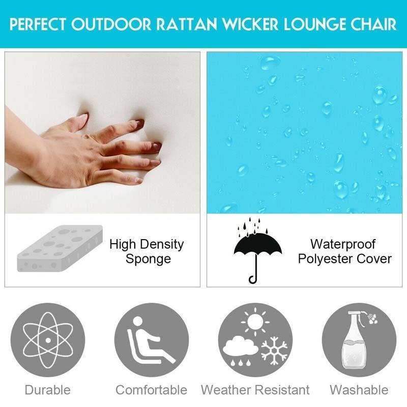 Rattan Outdoor Chaise Lounge Chair with Cushions, 7-Position Adjustable Backrest, Steel Frame Patio Sun Lounger for Poolside, Backyard