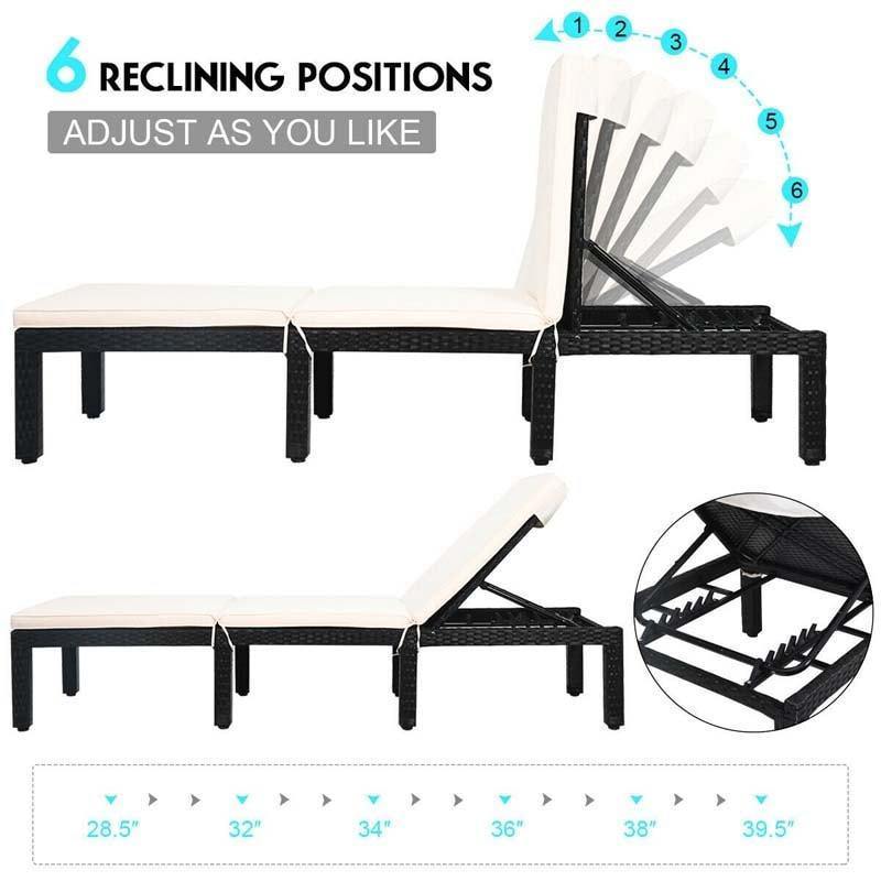 Rattan Outdoor Chaise Lounge Chair with Cushions, 7-Position Adjustable Backrest, Steel Frame Patio Sun Lounger for Poolside, Backyard