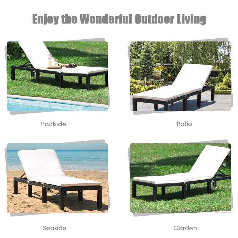 Rattan Outdoor Chaise Lounge Chair with Cushions, 7-Position Adjustable Backrest, Steel Frame Patio Sun Lounger for Poolside, Backyard