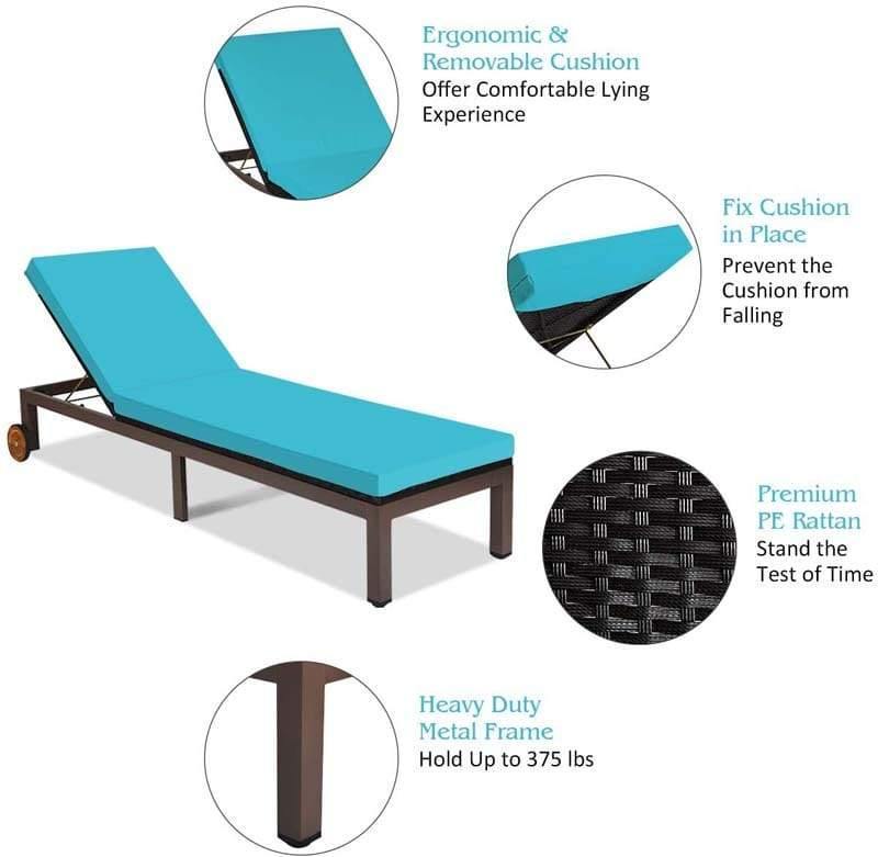 Rattan Outdoor Chaise Lounge Chair with Cushions, 7-Position Adjustable Backrest, Steel Frame Patio Sun Lounger for Poolside, Backyard
