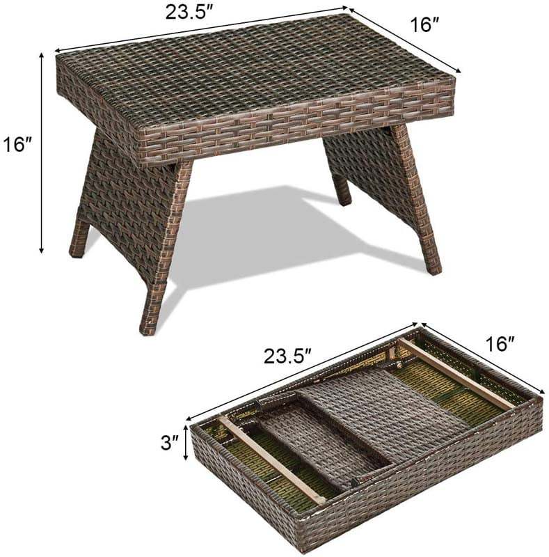 Patio Folding PE Rattan Side Table, Portable Wicker Coffee Table & Bistro Table with Steel Frame for Poolside, Lawn & Outdoor Living