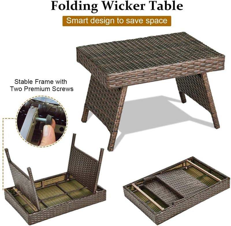 Patio Folding PE Rattan Side Table, Portable Wicker Coffee Table & Bistro Table with Steel Frame for Poolside, Lawn & Outdoor Living