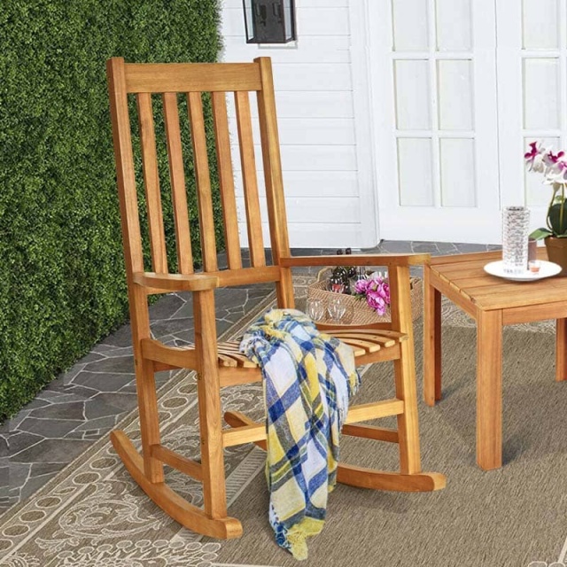 Oversized Acacia Wood Rocking Chair, High Back Patio Porch Rocker with Armrests & Slat Seat for Indoor & Outdoor Use